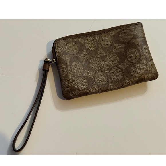 Coach Signature C Canvas Brown Leather Wristlet Pouch Wallet Clutch - Picture 3 of 4
